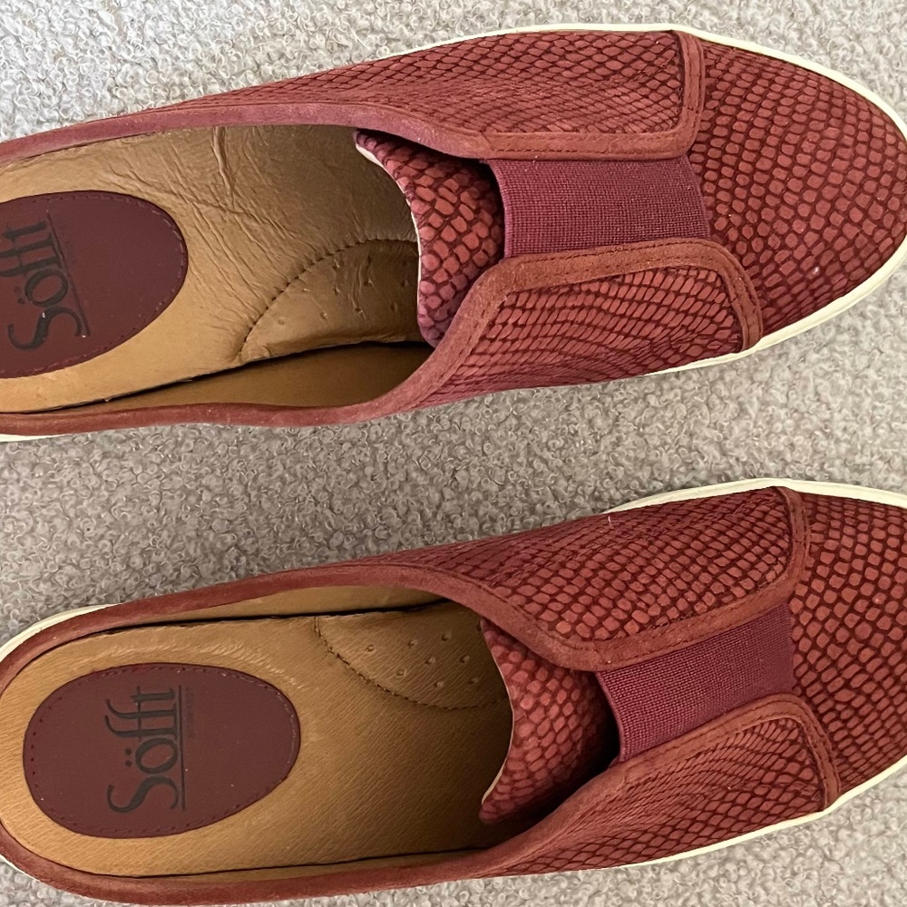 Sofft slip ons;  size 8, Rusty red with white soles